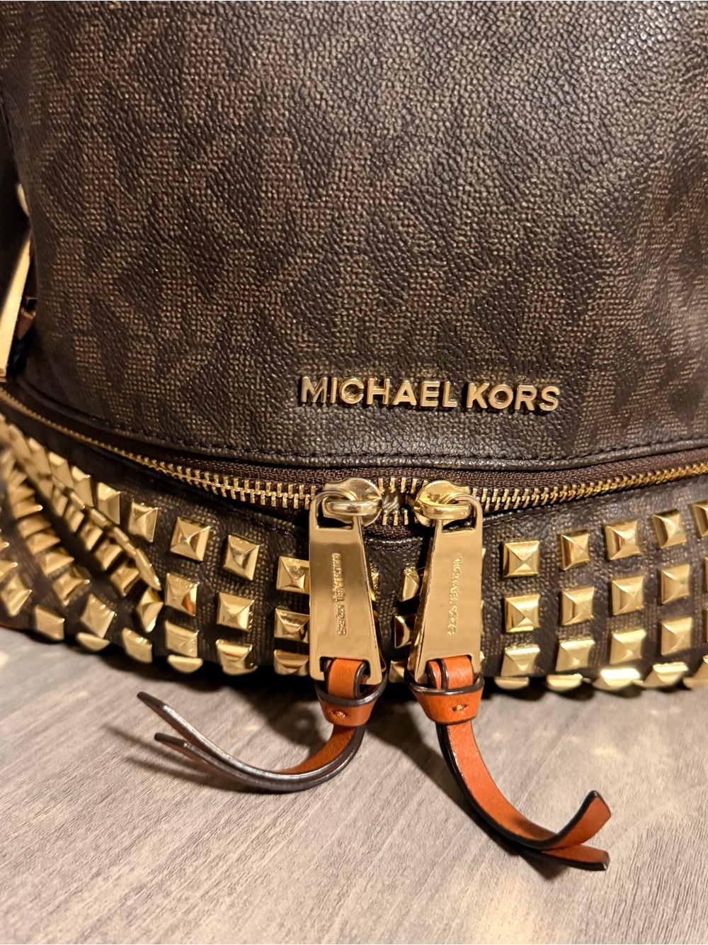 Michael Kors Dark Brown Leather Backpack with Gold Stud Accents